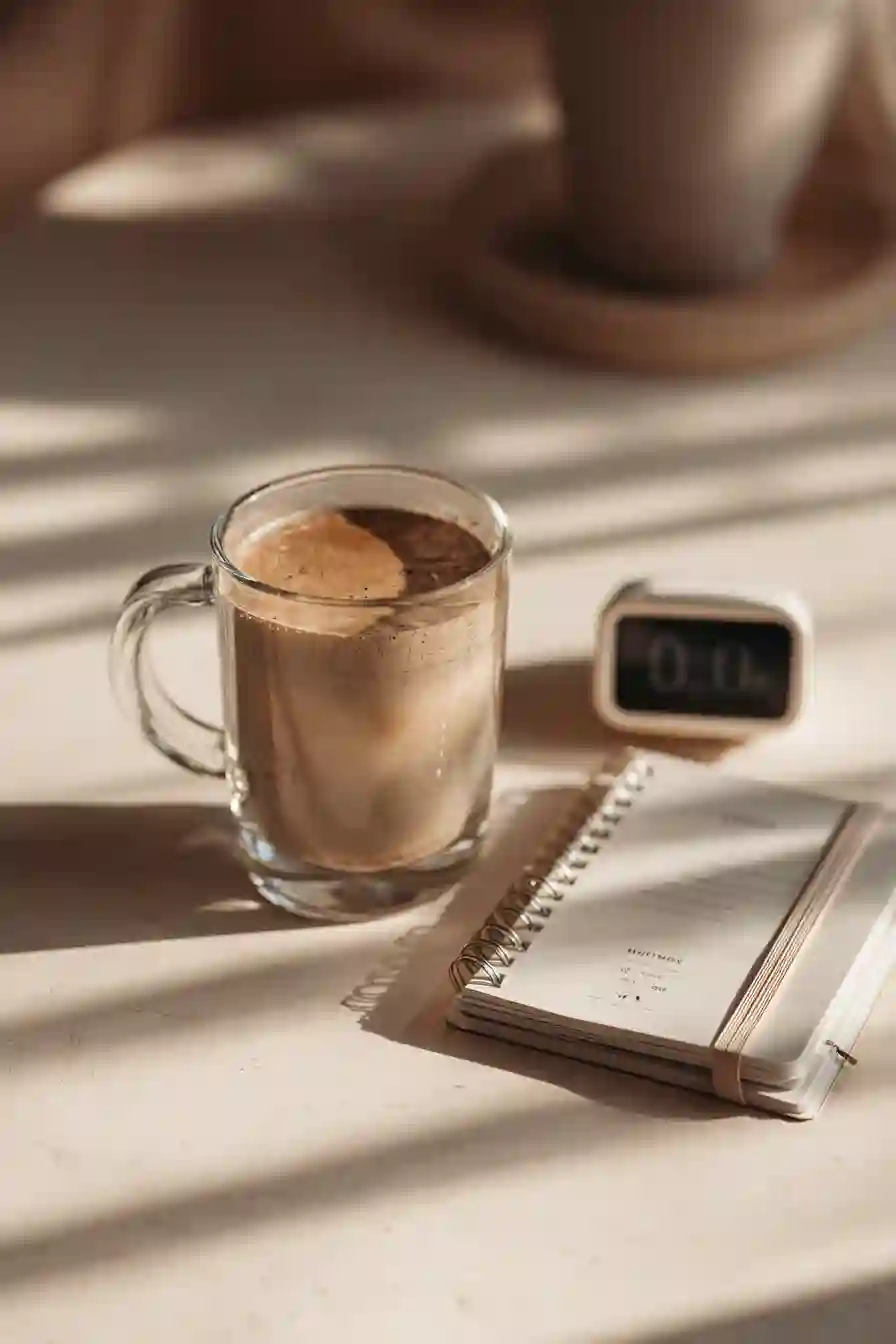 Mushroom coffee in a glass mug beside a fasting journal and timer during morning light