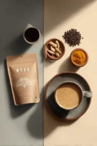 Ryze vs MudWtr Side-by-Side Functional Coffee Comparison Flat Lay