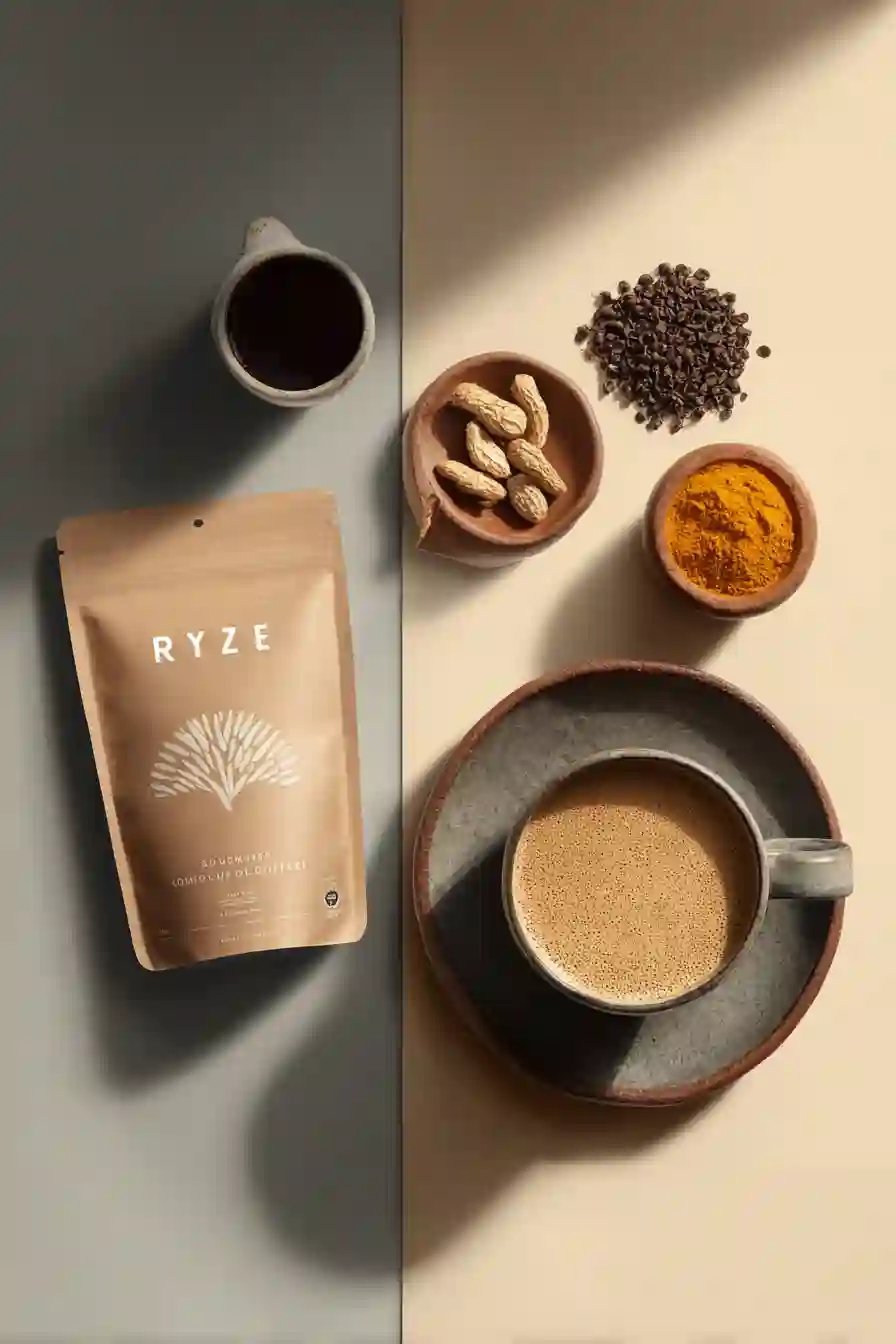Ryze vs MudWtr Side-by-Side Functional Coffee Comparison Flat Lay
