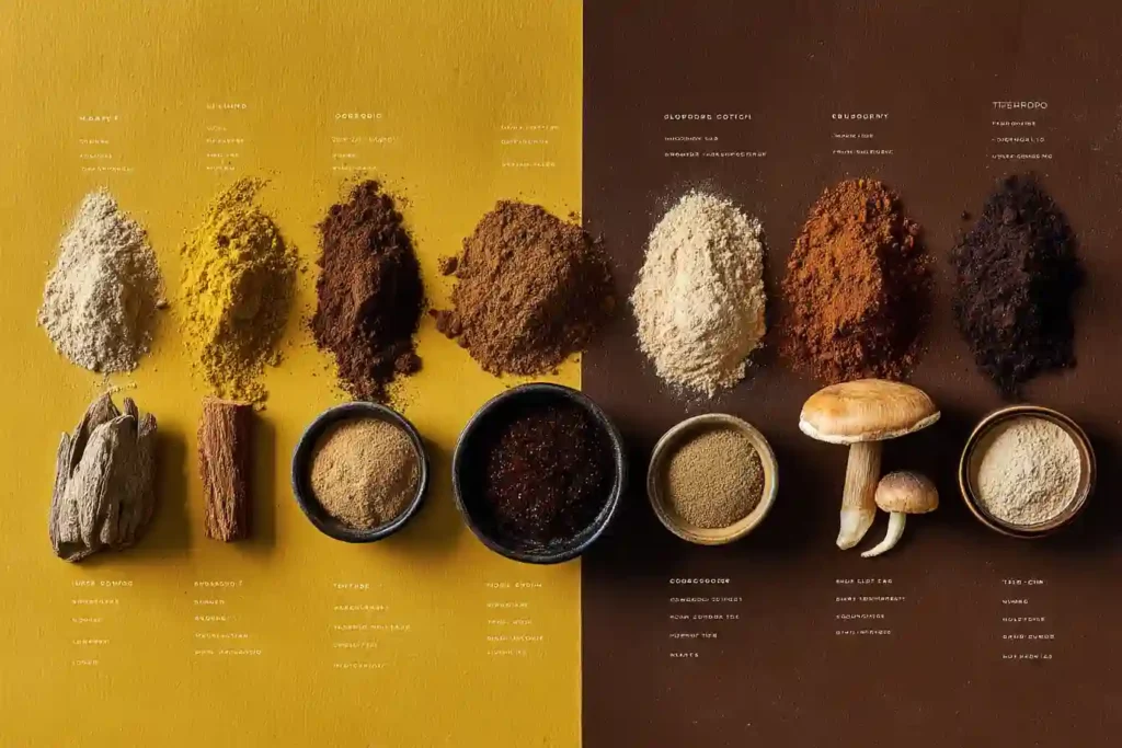 Assorted powders and mushrooms for mushroom coffee recipe