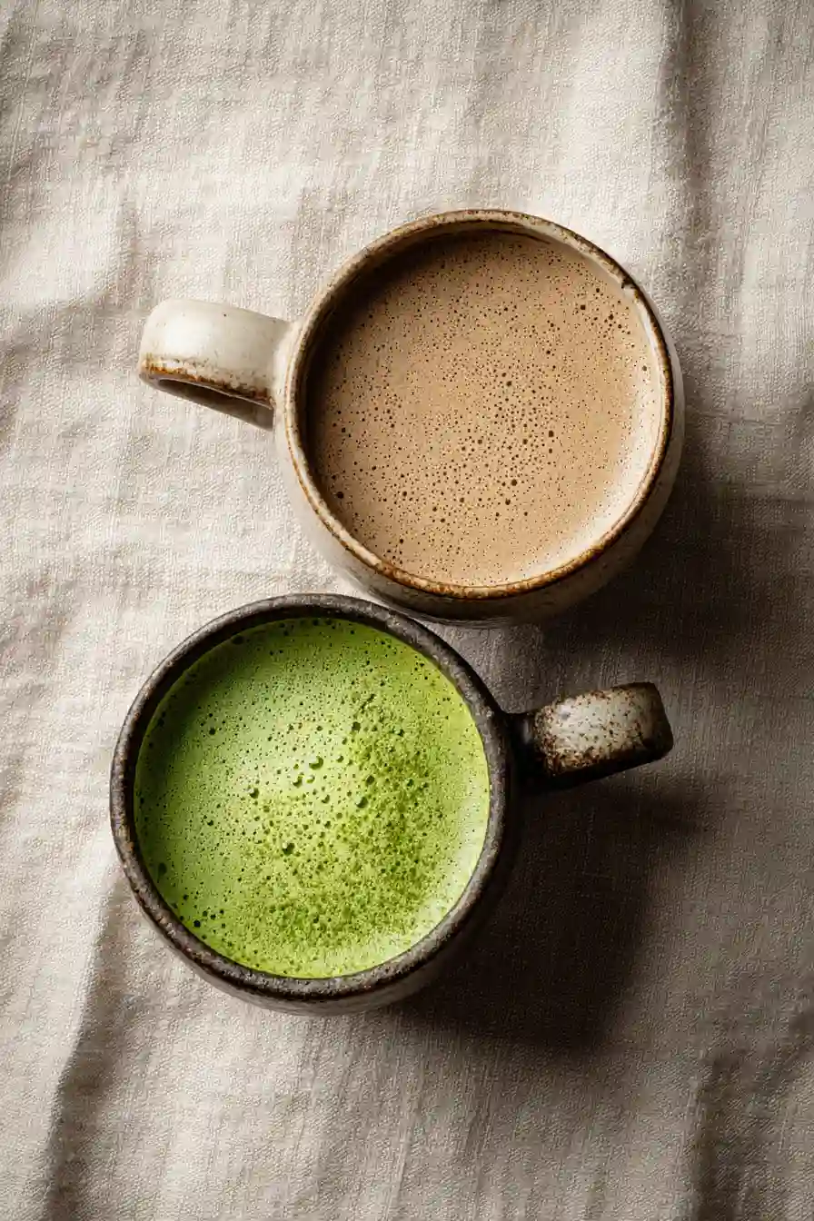 Mug of creamy mushroom coffee above a vibrant matcha latte in ceramic cups on beige fabric background