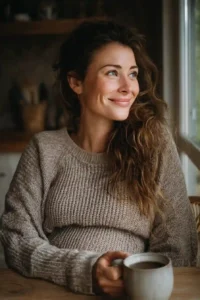 Pregnant woman smiling while holding mushroom coffee near window during morning