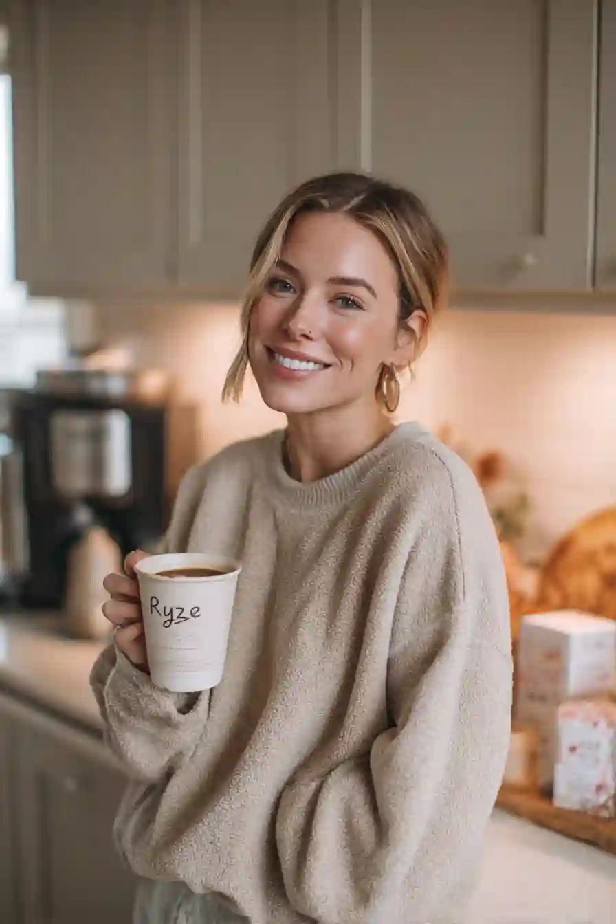 Woman enjoying Ryze Mushroom Coffee from subscription box in a cozy kitchen