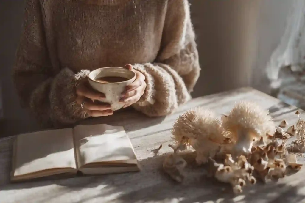 Woman holding a warm cup of mushroom coffee beside lion’s mane mushrooms and a journal