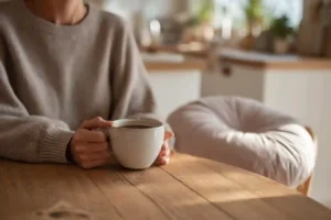 Mother breastfeeding while drinking mushroom coffee in a sunlit kitchen