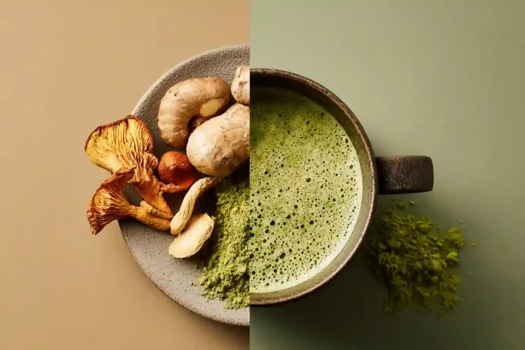 Half bowl of dried mushrooms and half matcha latte showing transformation