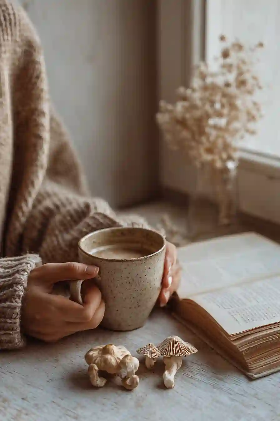 woman holding a mug of Ryze mushroom coffee at cozy kitchen table with lion’s mane mushrooms