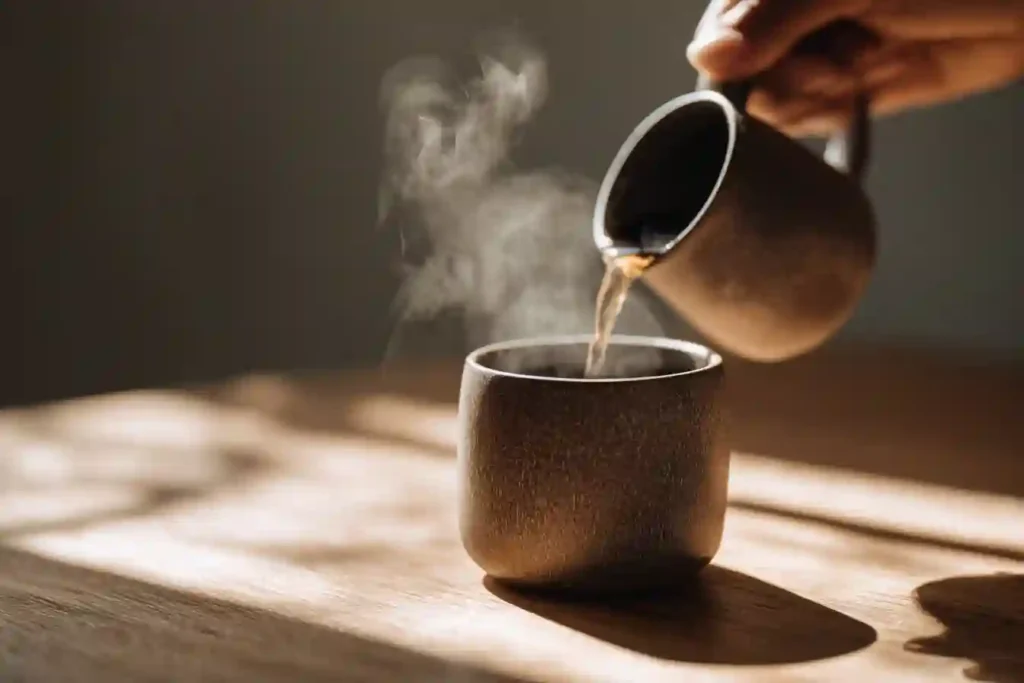 Freshly brewed Ryze mushroom coffee with rising steam, symbolizing warmth and functional health benefits