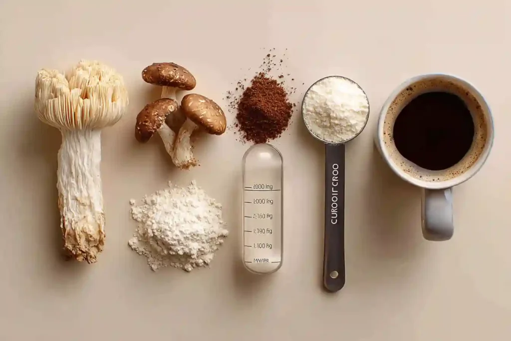 Mushroom coffee ingredients including lion’s mane, cordyceps, powders, and black coffee