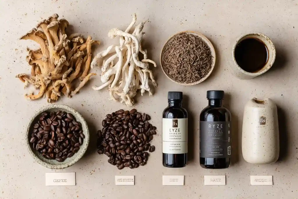 Ryze Mushroom Coffee for Brain Fog: The Clarity I Didn’t Know I Needed 2 Ryze Mushroom Coffee ingredients including lion’s mane, reishi, Arabica coffee beans, and functional adaptogens