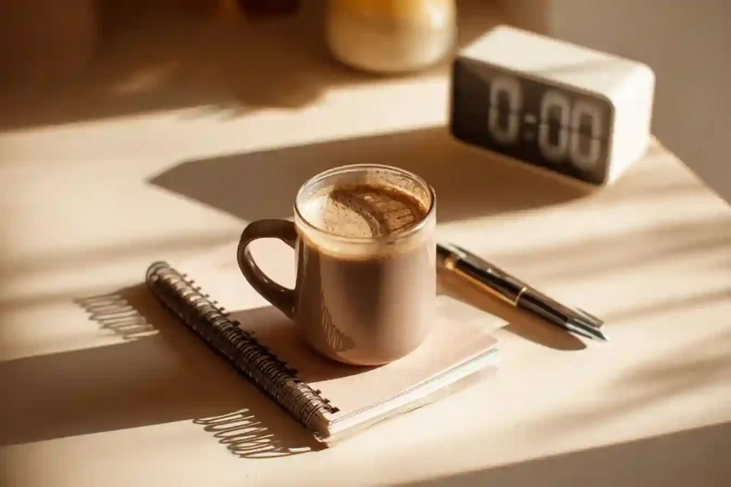 Ryze mushroom coffee cup beside a journal and digital clock symbolizing easy management