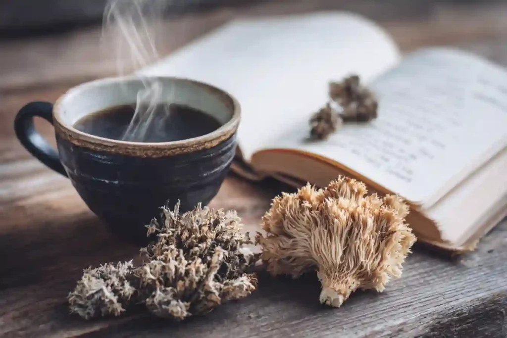 fresh lion’s mane and reishi mushrooms beside mushroom coffee mug in a cozy kitchen