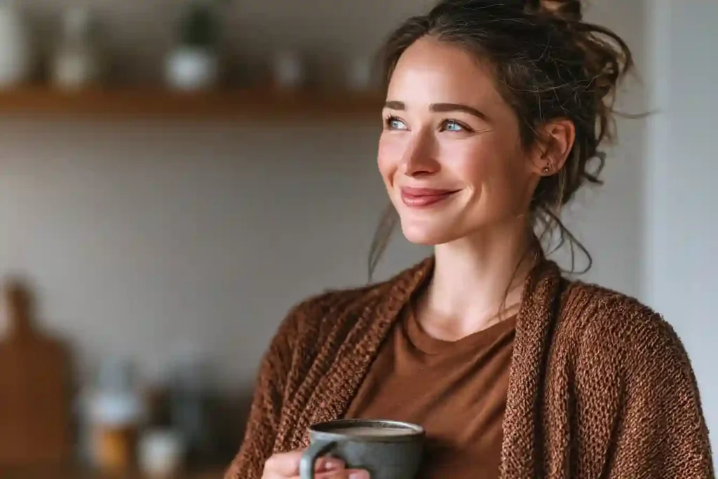 Can You Drink Mushroom Coffee While Pregnant? Honest Truth for Concerned Moms 3 Smiling woman in cozy sweater holding a mug after switching to Ryze mushroom coffee