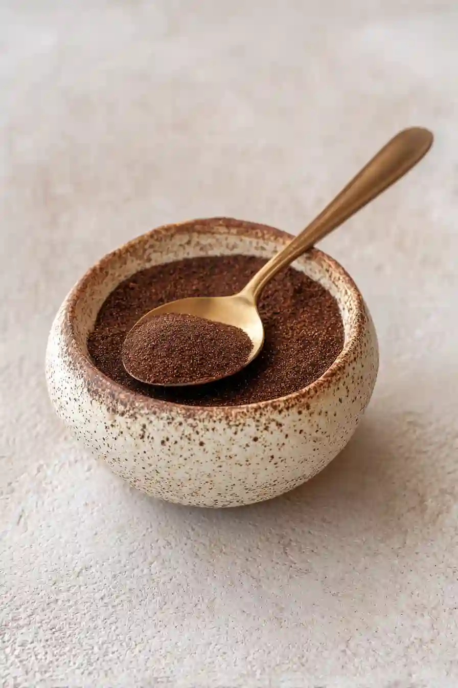 Ryze Mushroom Coffee powder in rustic bowl with gold spoon