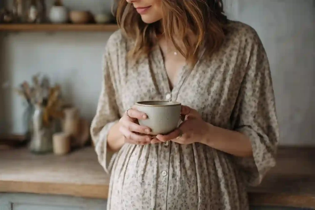 Can You Drink Mushroom Coffee While Pregnant? Honest Truth for Concerned Moms 1 Pregnant woman holding a cup of mushroom coffee in a soft floral dress during morning routine