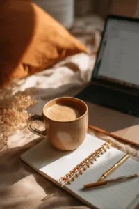 Affiliate blogger workspace with Ryze mushroom coffee, laptop, and content planner