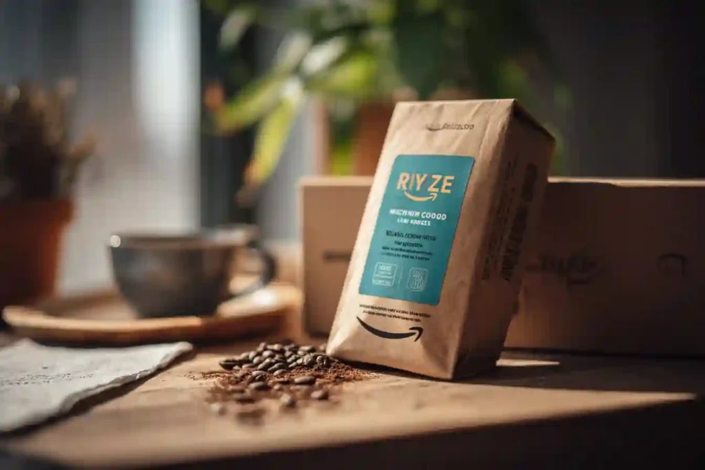 Ryze Mushroom Coffee Amazon packaging on wooden table with coffee beans