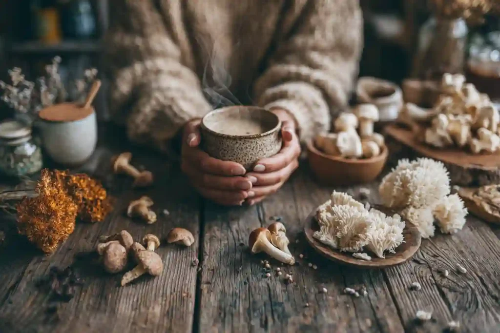 Woman enjoying a daily cup of mushroom coffee with lion's mane mushrooms on a rustic table