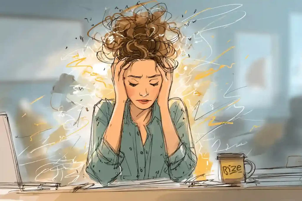 Ryze Mushroom Coffee for Brain Fog: The Clarity I Didn’t Know I Needed 1 Woman struggling with brain fog holding her head with a Ryze Mushroom Coffee mug on desk