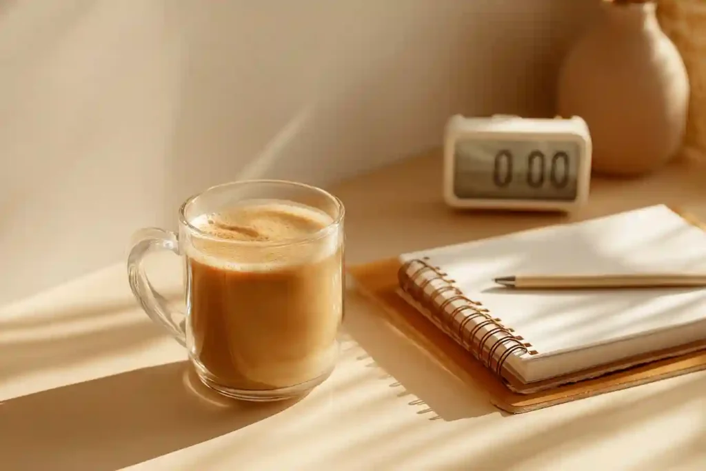 A warm cup of mushroom coffee beside a planner and clock representing morning fasting