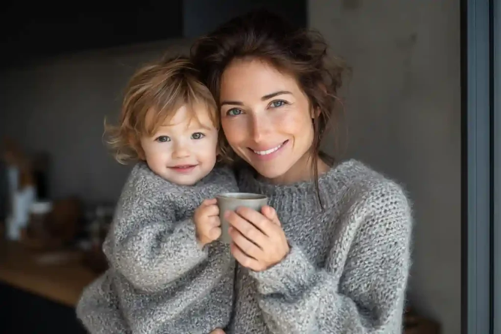 Smiling woman and child in cozy sweaters sharing a morning cup of mushroom coffee