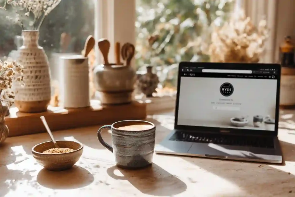 official Ryze website vs Amazon listing shown on laptop split screen