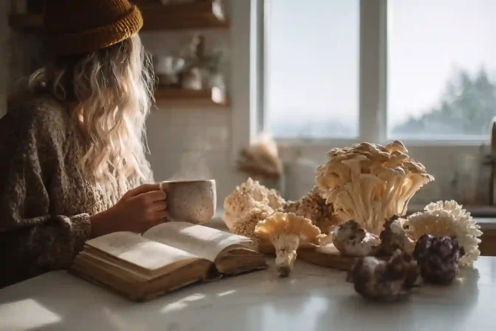 Reading a book with a warm cup of mushroom coffee beside fresh lion’s mane mushrooms