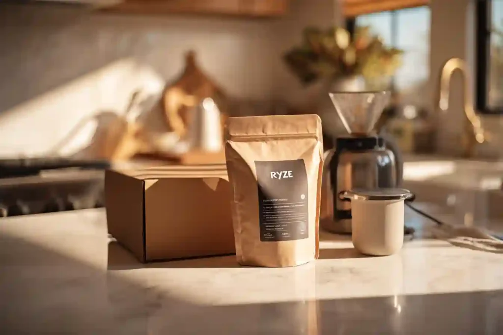 Sealed Ryze Mushroom Coffee package with free frother from official website