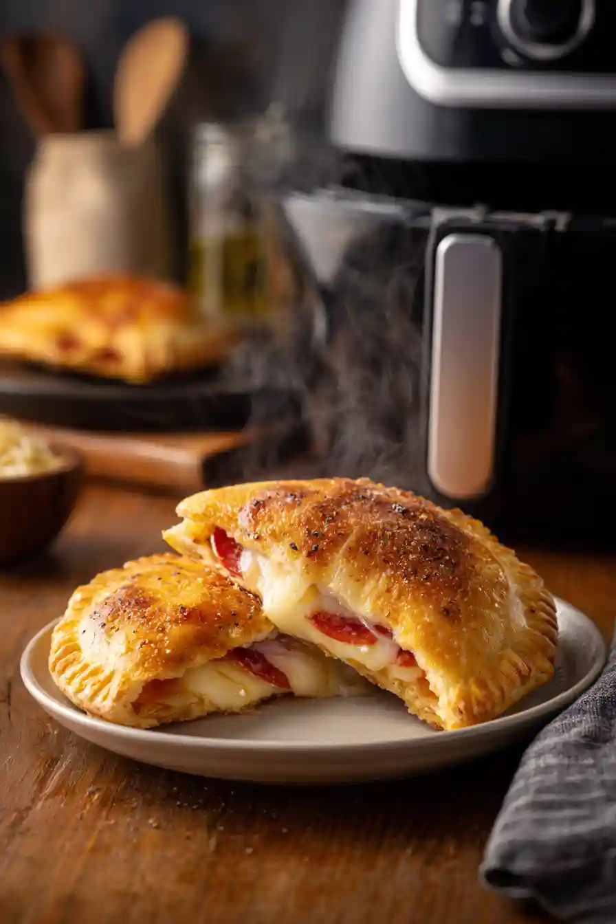 Sliced hot pocket on a plate with melted cheese and pepperoni inside, steam rising, air fryer in background on wooden table.