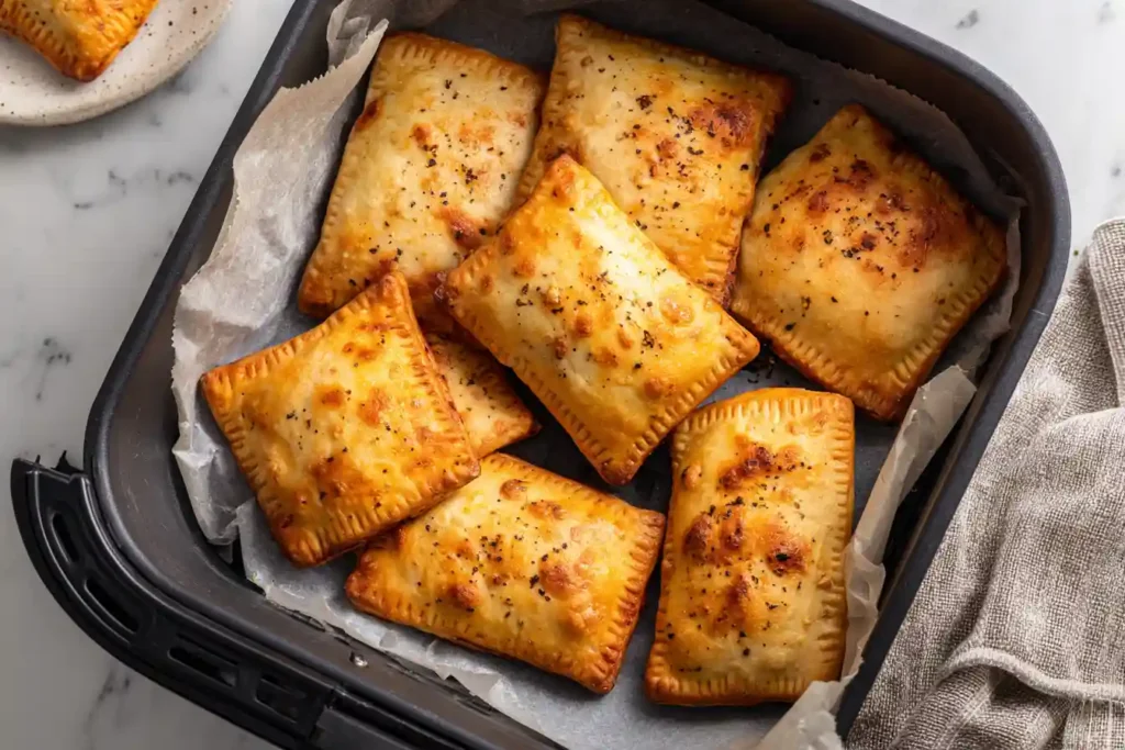 Air fryer basket filled with golden crispy rectangular Hot Pockets on parchment paper, arranged evenly for optimal cooking.