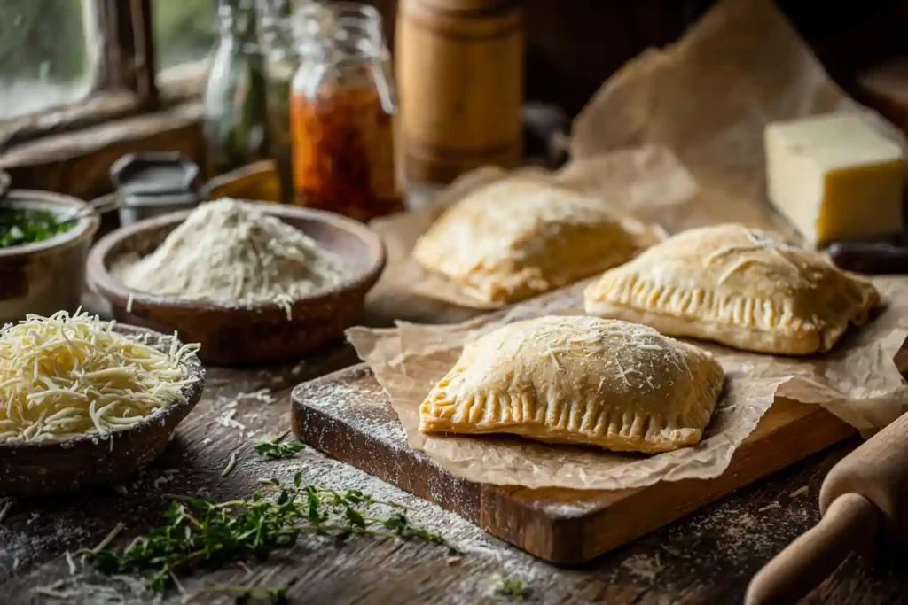 Uncooked homemade hot pockets on a wooden board surrounded by flour, shredded cheese, and fresh herbs, ready for freezing or baking.