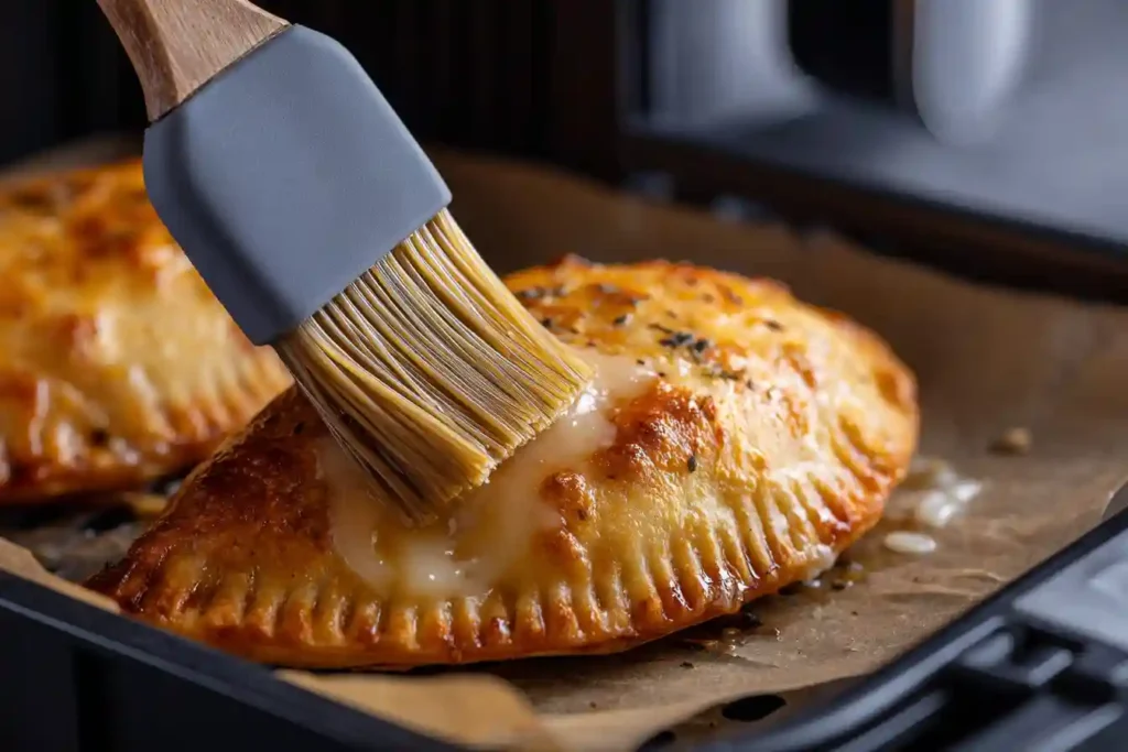 Brushing oil onto a golden hot pocket inside an air fryer for a crispier finish.