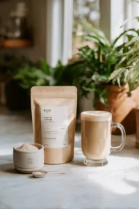Ryze Mushroom Coffee and Everyday Dose side-by-side on a kitchen counter with mugs.