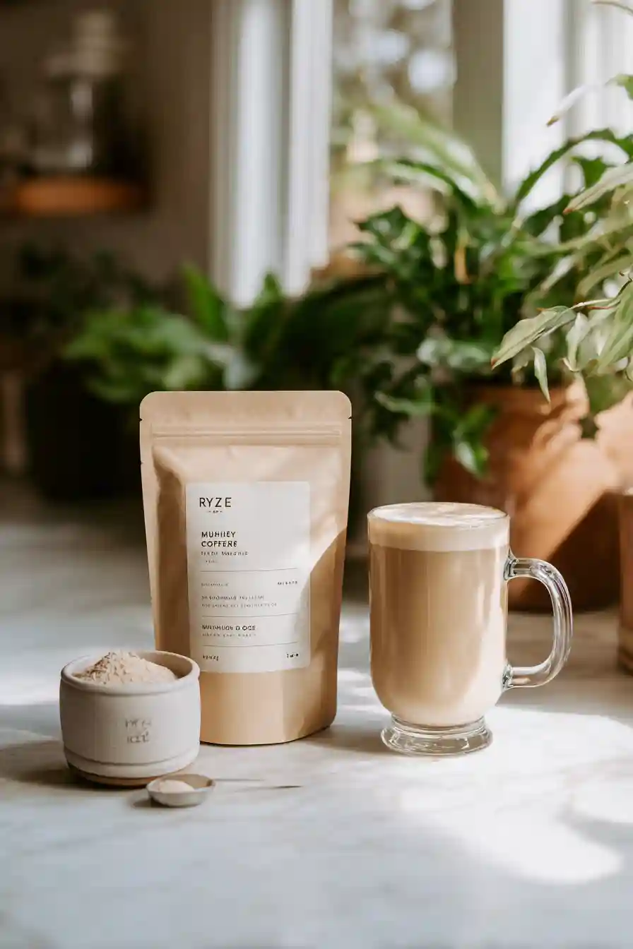 Ryze Mushroom Coffee and Everyday Dose side-by-side on a kitchen counter with mugs.