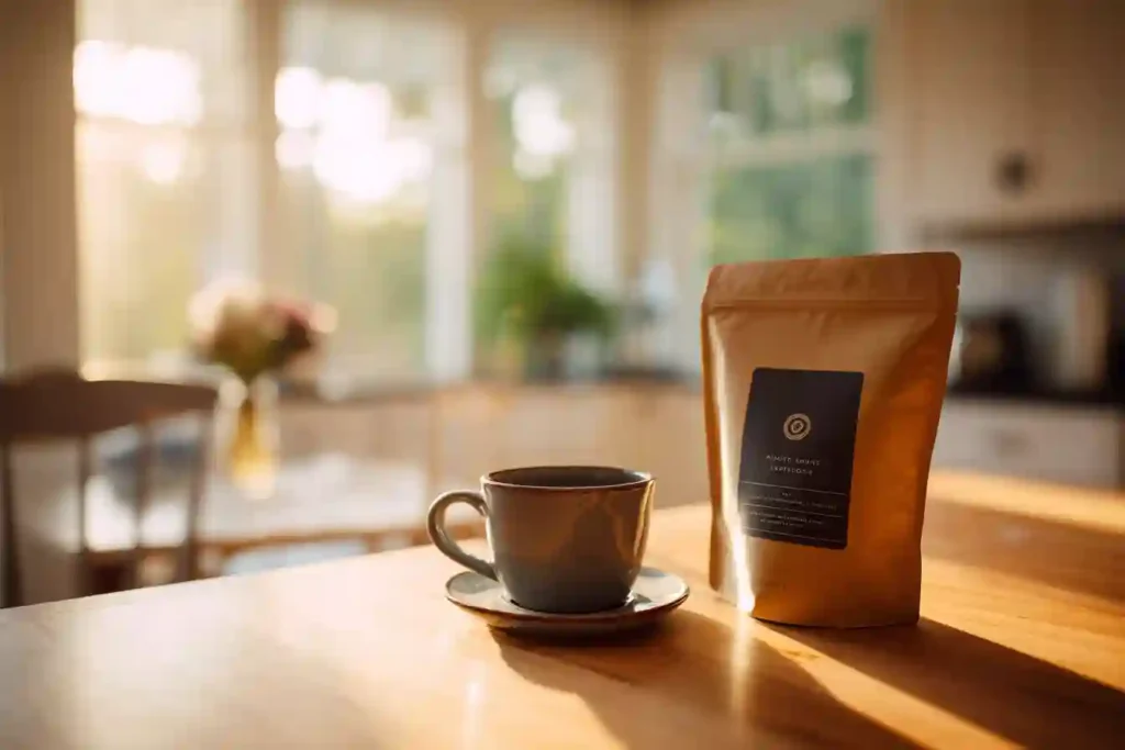 A warm cup of mushroom coffee beside a resealable brown coffee bag, placed on a wooden table in a sunlit kitchen