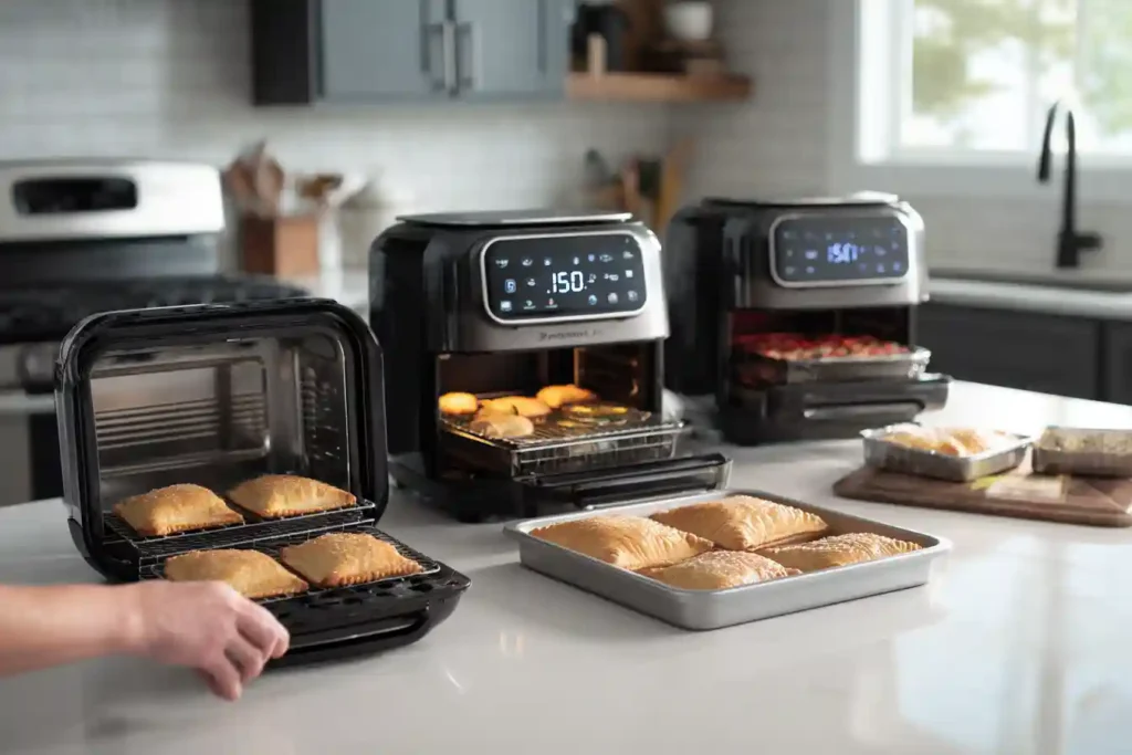 Different air fryer models cooking hot pockets in a kitchen, showing tray and basket styles for comparison