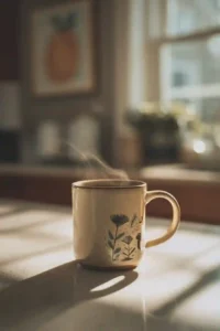 Steaming mug of mushroom coffee in sunlit kitchen with botanical artwork on the cup