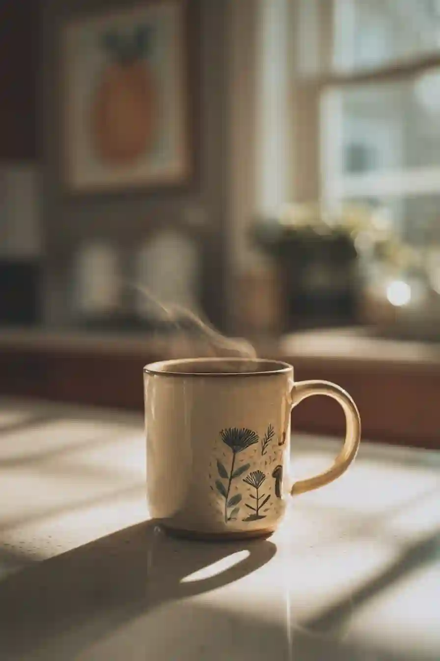 Steaming mug of mushroom coffee in sunlit kitchen with botanical artwork on the cup