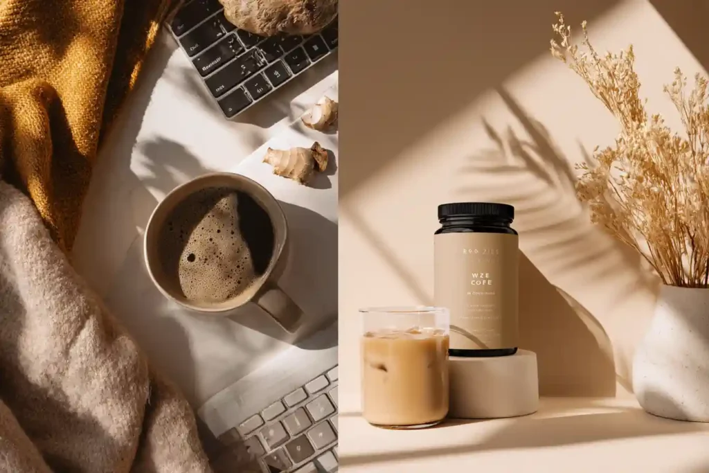 Mushroom coffee comparison showing two cups—Ryze and Everyday Dose—next to laptop, mushrooms, and cozy textures under natural light