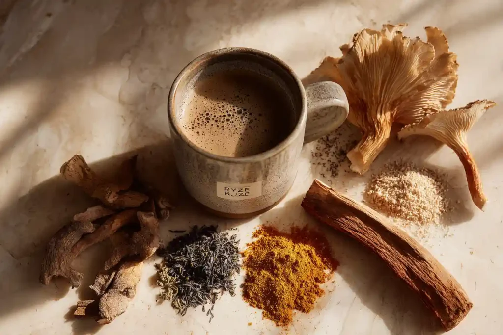 A Ryze Mushroom Coffee mug surrounded by natural ingredients including Lion’s Mane mushrooms, Cordyceps, turmeric, and adaptogenic herbs on a marble background.
