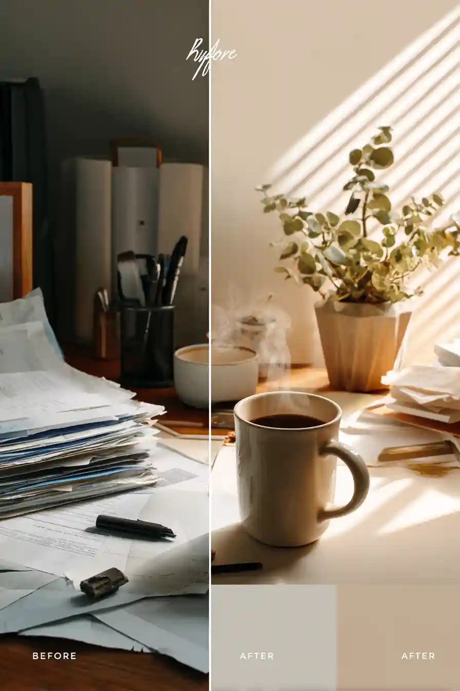 Split image showing a messy morning with regular coffee vs a calm, clean setup featuring Ryze Mushroom Coffee, highlighting before and after effects.