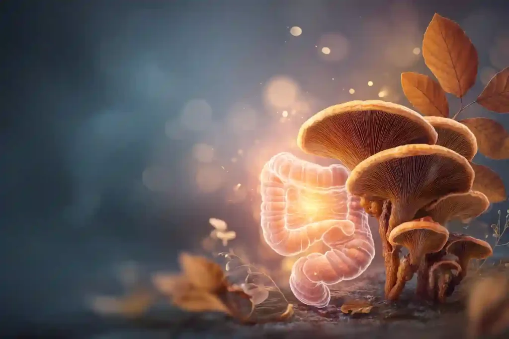 Reishi and Turkey Tail mushrooms with glowing symbolic gut illustration, representing digestive health benefits.
