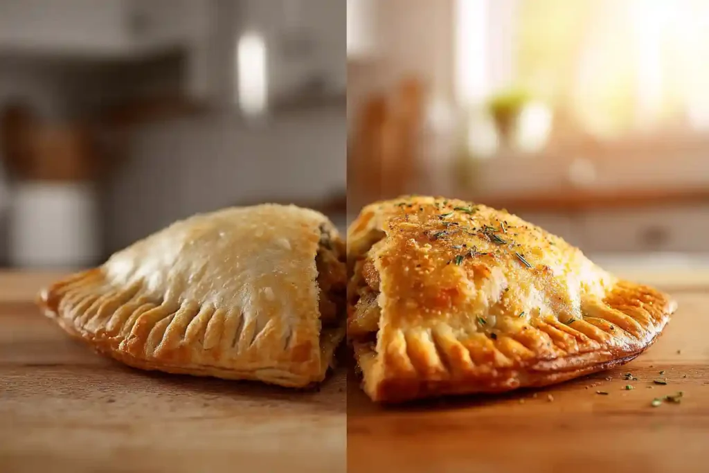 Comparison of two Hot Pockets side-by-side, one pale and soft, the other golden and crispy with herbs.