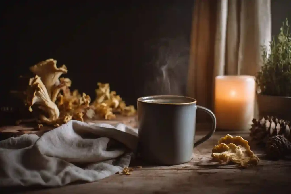 Steaming mug of mushroom coffee on a wooden table with chanterelle mushrooms, pinecones, and a glowing candle in the background.