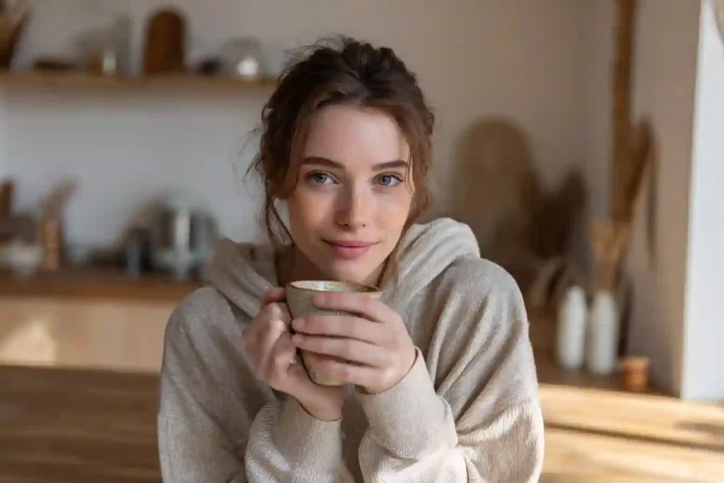 A peaceful woman holding a warm cup of coffee in a cozy kitchen, representing digestive ease and wellness through daily routine.