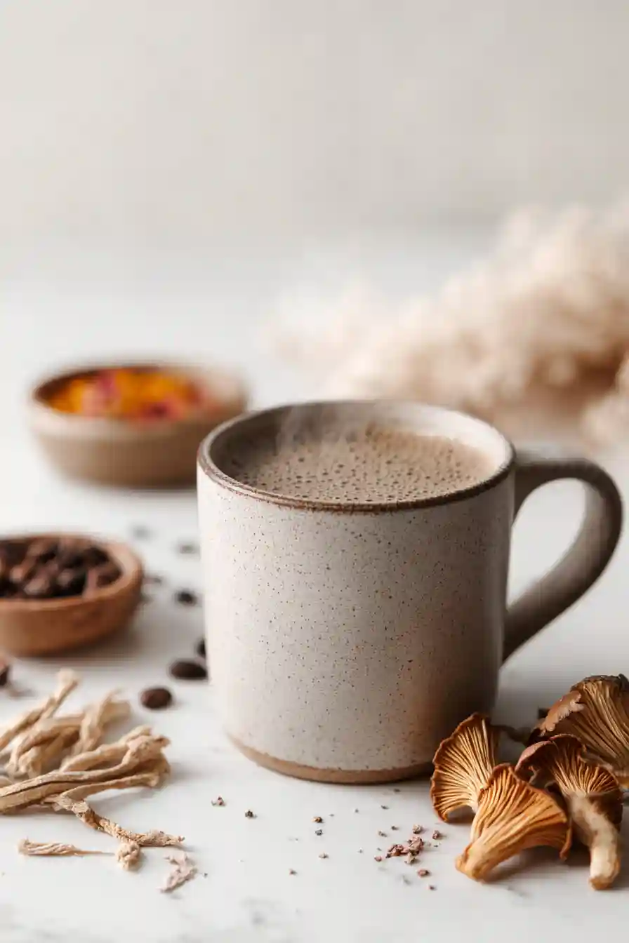 Ryze Mushroom Coffee Benefits: The Ultimate Health Boost You Need to Know 1 A rustic ceramic mug of Ryze mushroom coffee surrounded by dried medicinal mushrooms, coffee beans, and natural ingredients on a white marble surface.