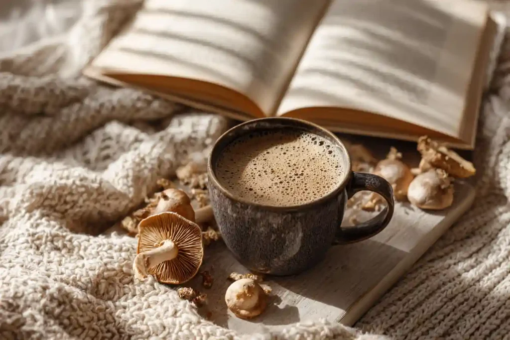 A warm cup of frothy mushroom coffee on a wooden table, surrounded by a cozy knit blanket, dried mushrooms, and soft natural light—evoking calm and clarity.