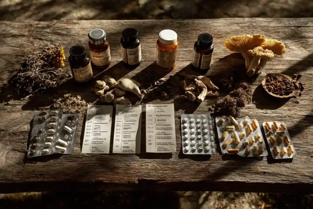 Assorted dried medicinal mushrooms used in Ryze coffee placed near natural remedy notes