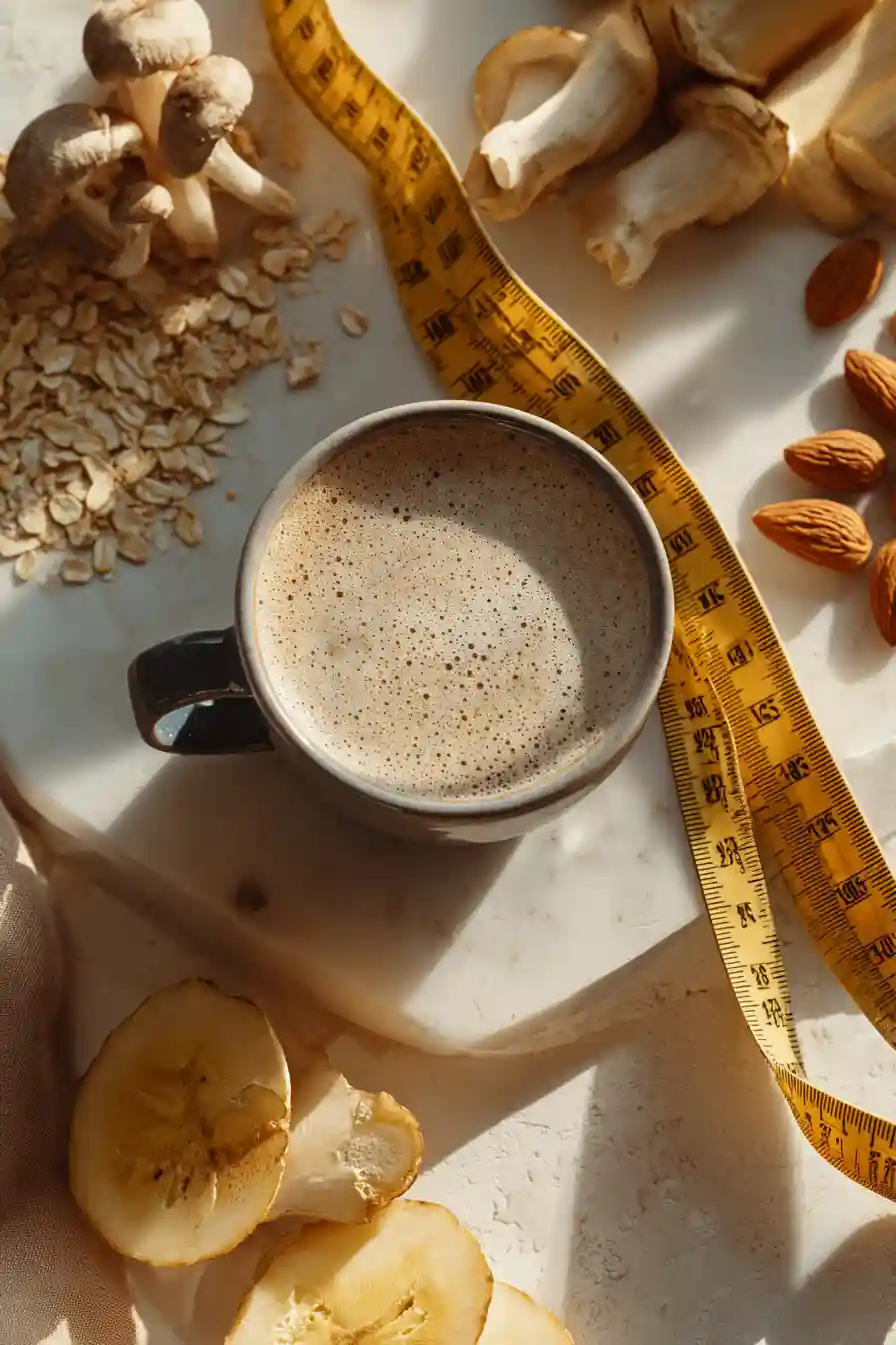 Flat lay of Ryze mushroom coffee with natural ingredients and weight loss elements like measuring tape and oats.