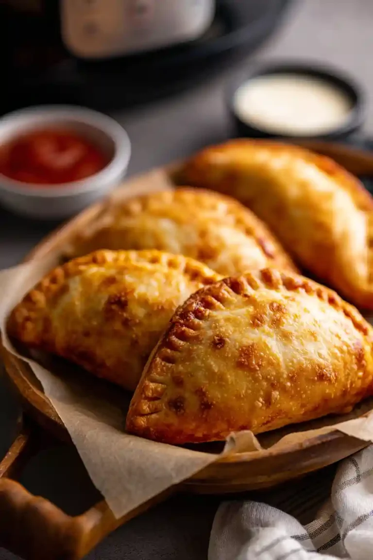 Pizza Pockets Air Fryer: The Ultimate Frozen & Homemade Guide 2 Golden brown pizza pockets arranged in a wooden serving tray, with dipping sauces in the background and soft lighting creating a cozy, appetizing scene.